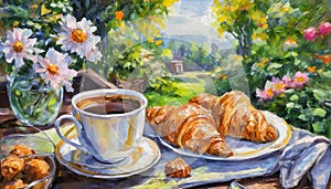 Oil painting morning croissant and steaming coffee or tea. Green summer garden. French breakfast