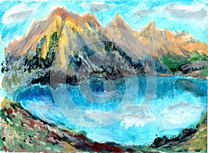 Oil painting Mountain lake