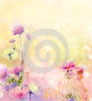 Oil painting nature grass flowers. Hand paint close up pink cosmos flower, pastel floral and shallow depth of field