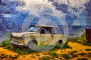 Oil painting old car on a sea