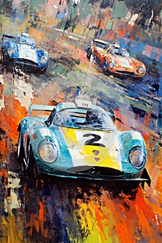 oil painting of an old racing car, suitable for a wall panel