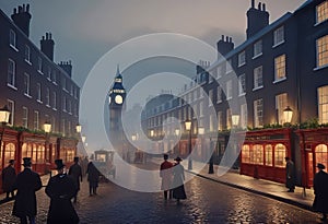 Oil painting of the old town of the 19th century in the evening with lanterns in the impressionist style with fog and smoke