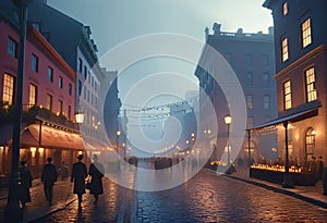 Oil painting of the old town of the 19th century in the evening with lanterns in the impressionist style with fog and smoke