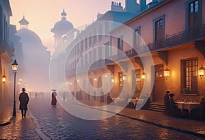 Oil painting of the old town of the 19th century in the evening with lanterns in the impressionist style with fog and smoke