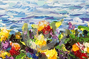 Oil painting and palette knife close-up. Yellow red violet flowers in a green grass against a background of blue sea waves. Fragme