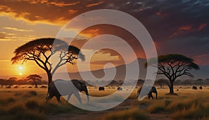 Oil painting: A panoramic view of an African savanna at sunset, with a diverse array of wildlife, including elephants, lions, and