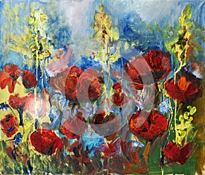 Oil painting picture of red spring poppy