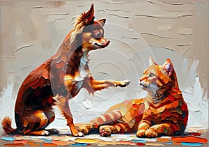 Oil painting of playful Chihuahua is teasing an orange cat.