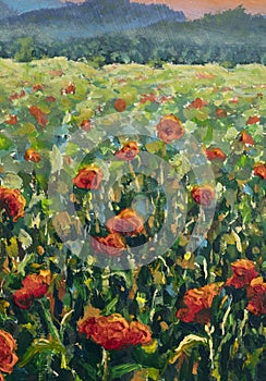 Oil painting of a poppy field.