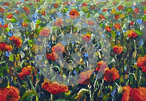 Oil painting of a poppy field. Landscape artwork wildflowers red field.