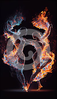 Oil Painting Portrait of Fire Consumed Beautiful Two Young Dancing Girls AI generative