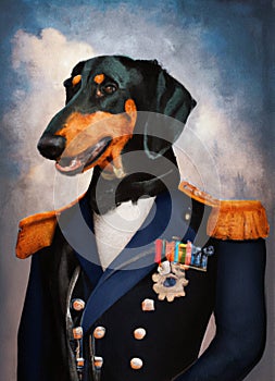 oil painting of Prince Dog background, Renaissance Dog portrait of a general, Lord, admiral, Emperor, commodore. Custom Funny Pet