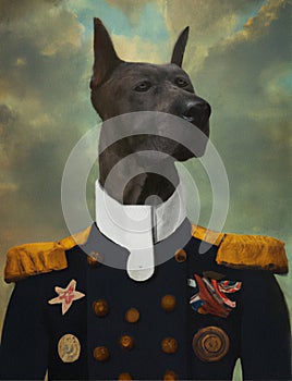 oil painting of Prince Dog background, Renaissance Dog portrait of a general, Lord, admiral, Emperor, commodore. Custom Funny Pet