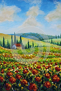 Oil painting Provence nature landscape fields of red poppies, farmhouse houses among hills and cypress trees in mountains art