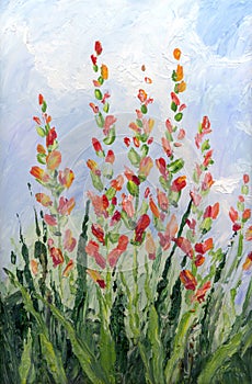 Oil painting. Red flowers in a flower bed