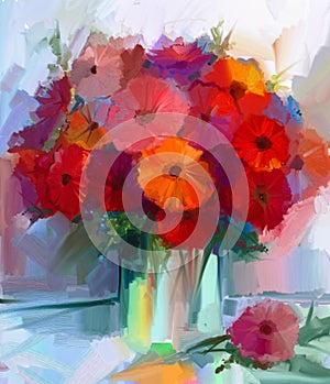 Oil painting red gerbera flowers in vase