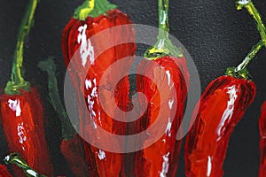 Oil painting red hot chili peppers on canvas. Piece of red chili peppers. Black and red. Oil paints. Close-up. Macro. Copy space.