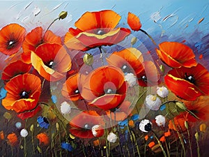 Oil painting of the red poppies. Modern impressionism art