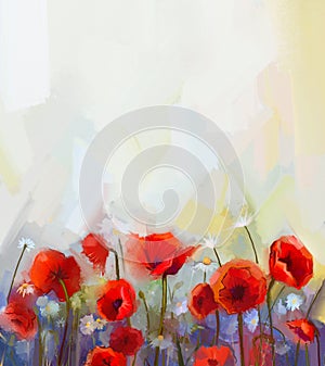 Oil painting red poppy flowers.