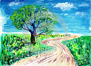 Oil painting road and tree