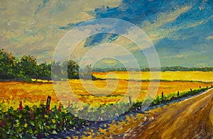 Oil painting road in a yellow field of ripe grain ears landscape