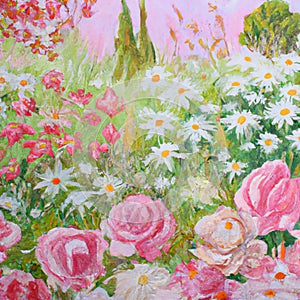 Oil painting rose garden, and the garden has many rose daisies and other flowers Beautiful nature scene.