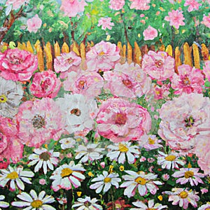 Oil painting rose garden, and the garden has many rose daisies and other flowers Beautiful nature scene.