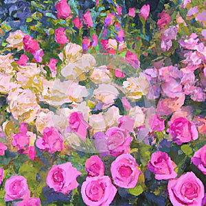 Oil painting rose garden, and the garden has many rose daisies and other flowers Beautiful nature scene.