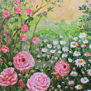 Oil painting rose garden, and the garden has many rose daisies and other flowers Beautiful nature scene.