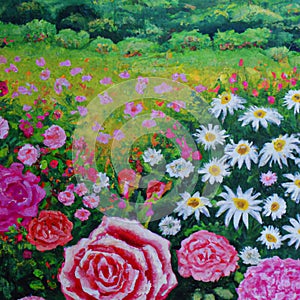 Oil painting rose garden, and the garden has many rose daisies and other flowers Beautiful nature scene.