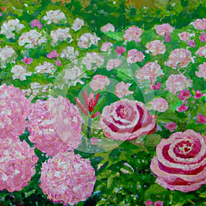 Oil painting rose garden, and the garden has many rose daisies and other flowers Beautiful nature scene.