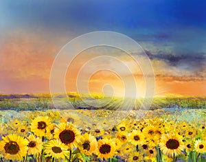 Oil painting of a rural sunset landscape with a golden sunflower photo