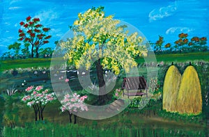 Oil painting of rural Thai farm in the countryside