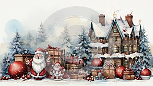 Oil Painting Santa Claus With Gifts and Small House and Snow Forest in Background