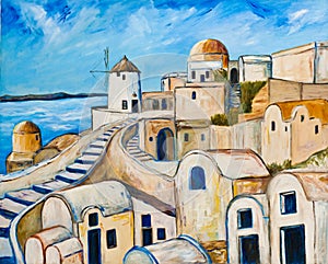 Oil painting Santorini, Cyclades, Greek Island. View of the village of Oia on the Greek vacation island of Santorini.