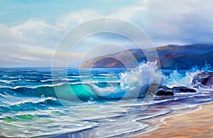 Oil painting of the sea on canvas.