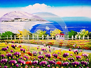 Oil Painting - Seacoast with blossoming flowers