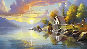 Oil painting of serene sunset over lake or river, evening sky reflection, house by the water, natural beauty