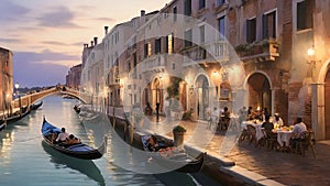 Oil painting: A serene Venetian canal at twilight, with gondolas gliding beneath a stone bridge, ornate palazzos lining the water photo