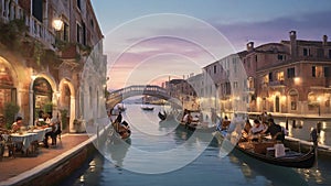 Oil painting: A serene Venetian canal at twilight, with gondolas gliding beneath a stone bridge, ornate palazzos lining the water photo