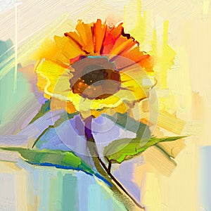 Oil painting a single yellow sunflower with green leaves