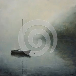 Small sail boat on a lake, quiet a few ripples on the water subdued misty photo