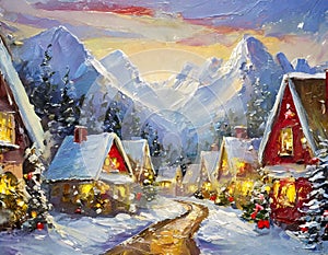Oil painting of a snowy village with charming houses and a mountain backdrop during twilight