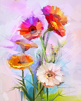 Oil painting of spring flowers. Still life of yellow and red gerbera flower