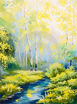 Oil painting - spring landscape, river in the forest, colorful