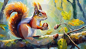 Oil painting of squirrel on tree branch. Forest animal. Hand drawn art.