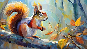 Oil painting of squirrel on tree branch. Forest animal. Hand drawn art. Summer or spring season.