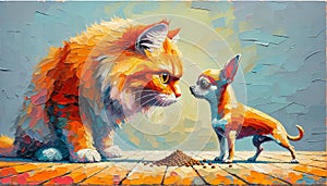 Oil painting of a standoff between an orange cat and a playful chihuahua