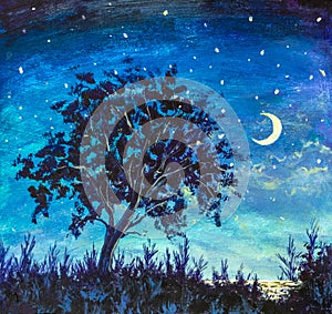Oil painting - Starry Night With Lonely Tree