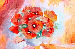 Oil painting still life, abstract watercolor bouquet of poppies